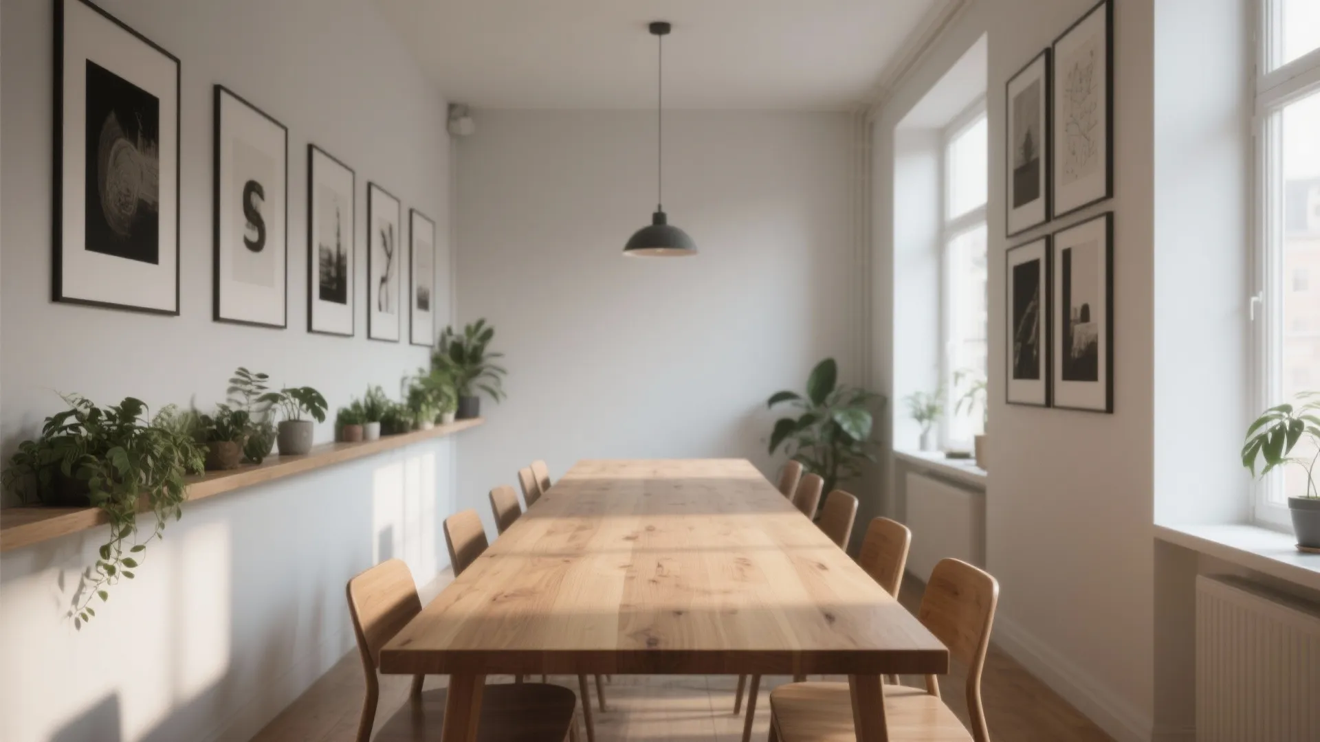 Large wooden dining table with many chairs and green plants on a shelf against wall