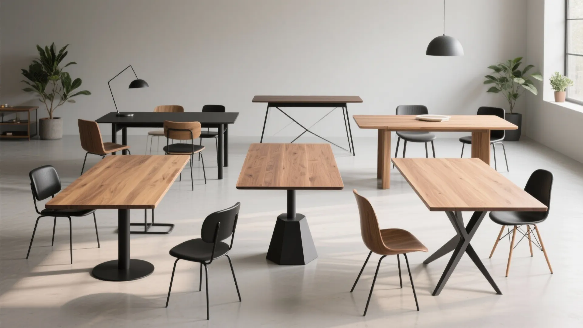 Multiple wooden dining tables with different black metal bases and modern chairs in bright minimalist room
