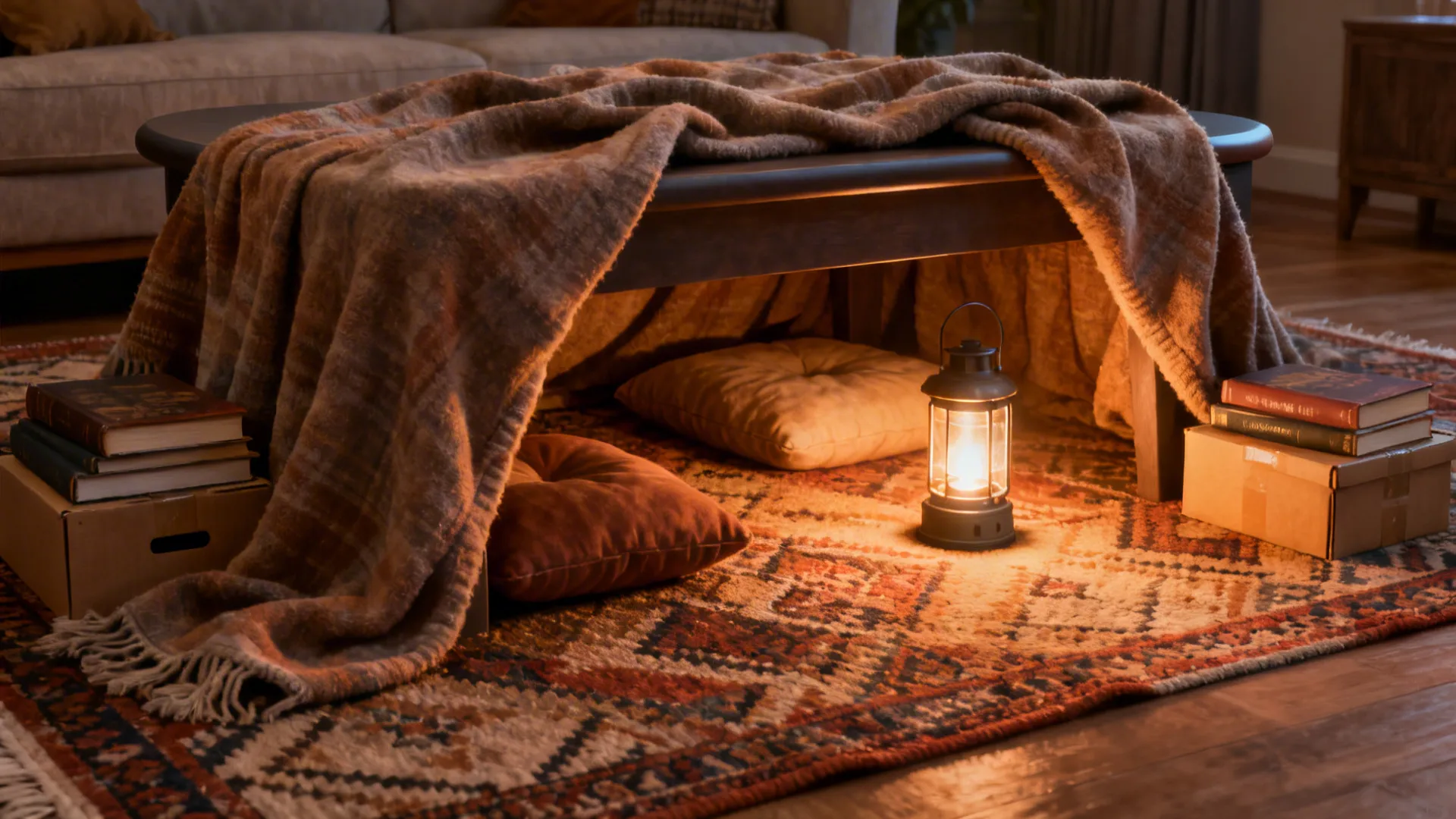 Sturdy coffee table draped with a heavy blanket forming a tunnel with floor cushions and a battery lantern inside.