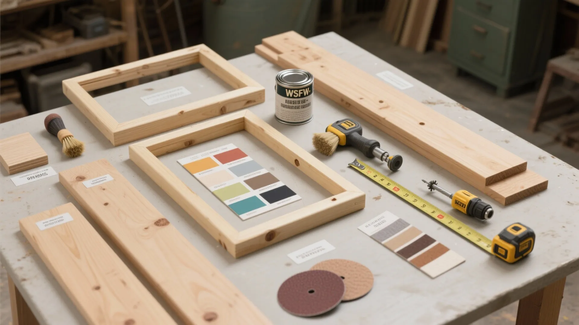 Workshop table with wooden furniture parts tools color swatches tape measure and wood finish can