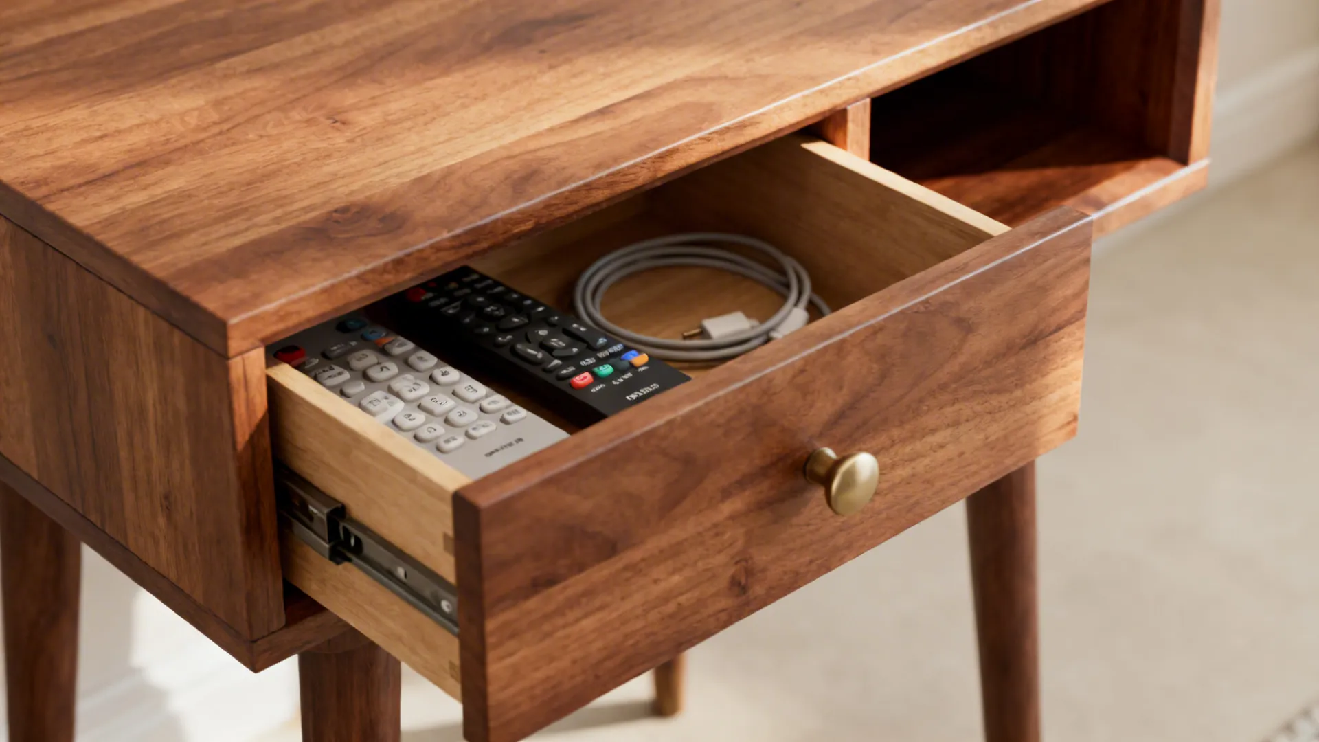 Open wooden side table drawer containing two remote controls and a white power cable for storage