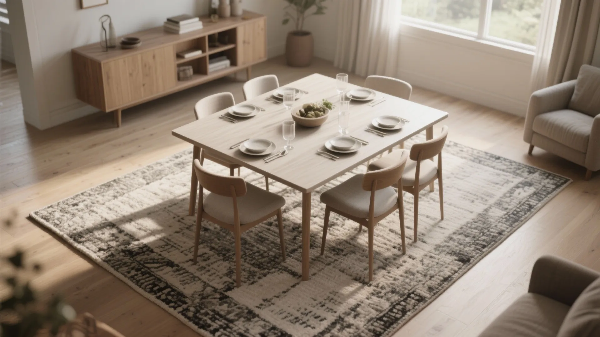 1. Treat the table as the room’s centerpiece — but define its zone