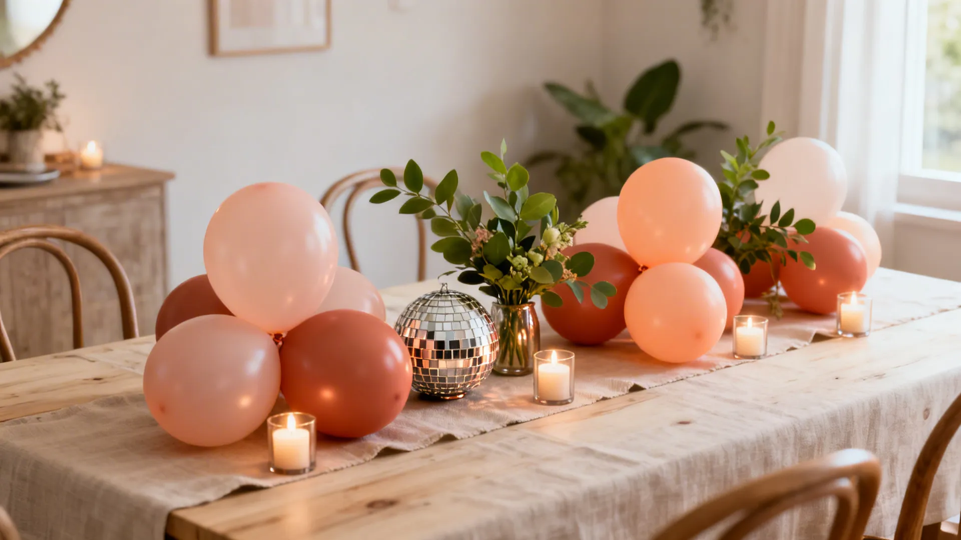 Wooden dining table with linen runner pink balloons small candles green plants and disco ball