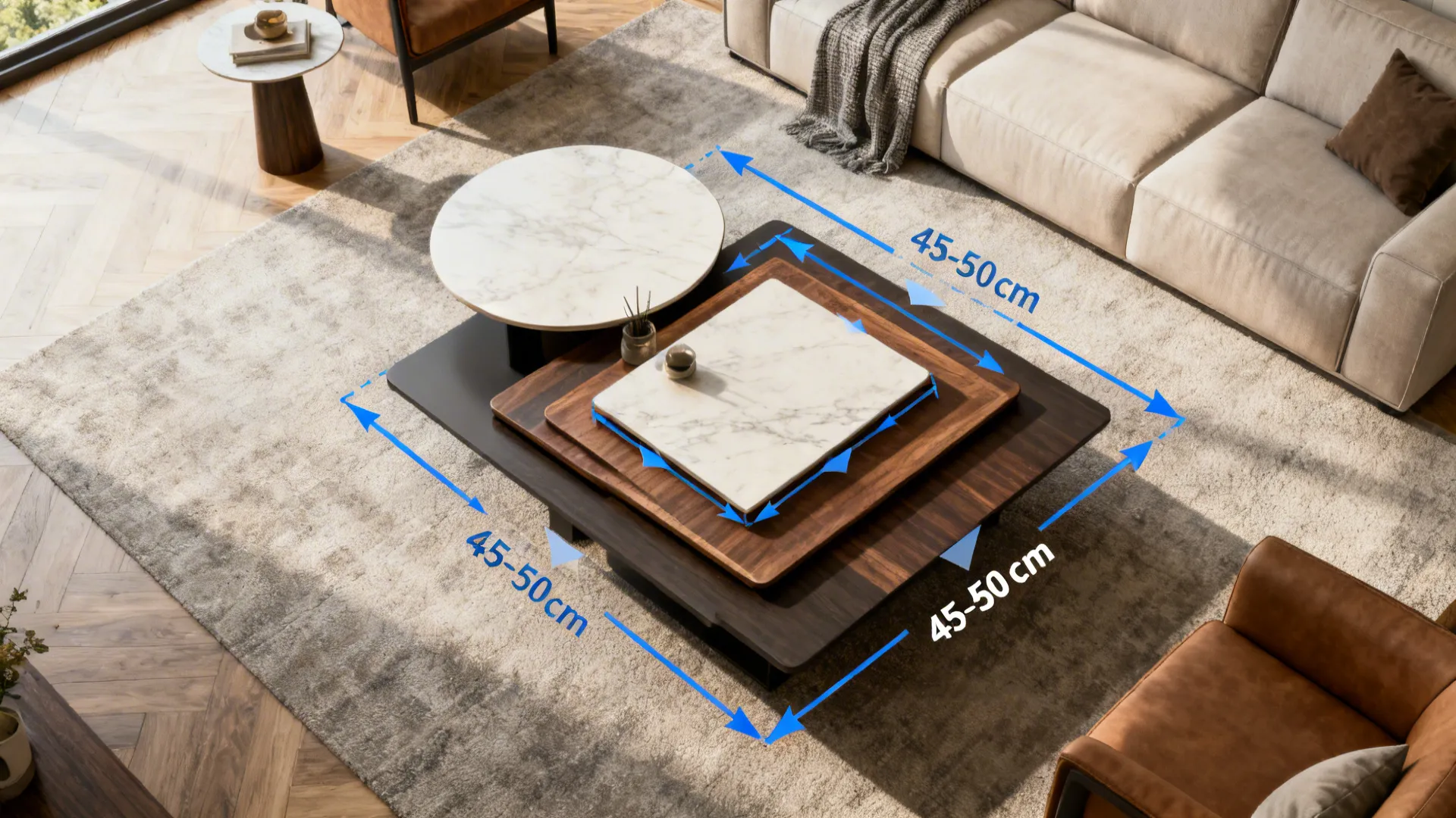 Top-down living room layout diagram showing recommended clearance and table shape options