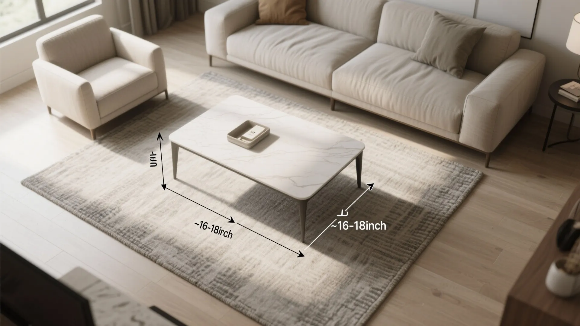 Modern living room coffee table with measurements showing 16 to 18 inch clearance on rug