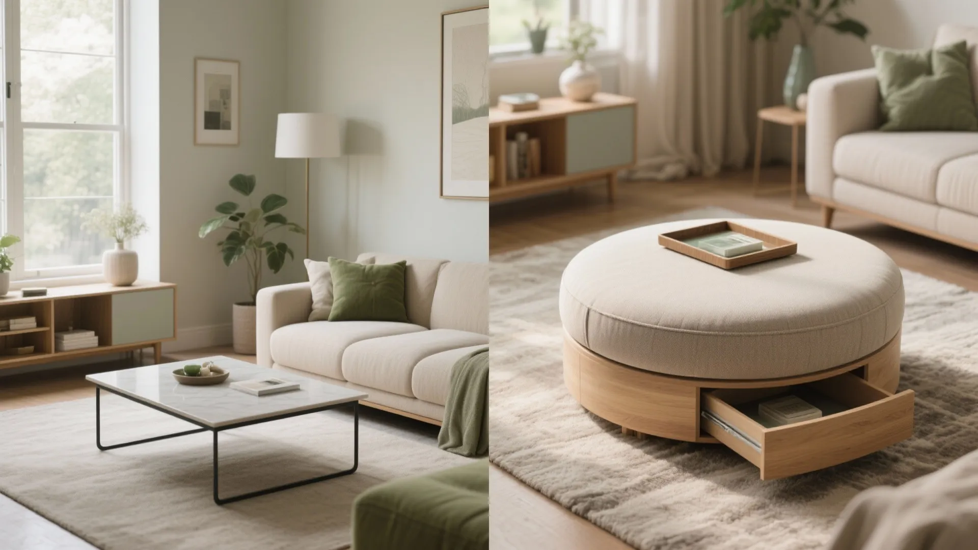 Comparison showing living room with white sofa and round wooden footrest featuring a storage drawer
