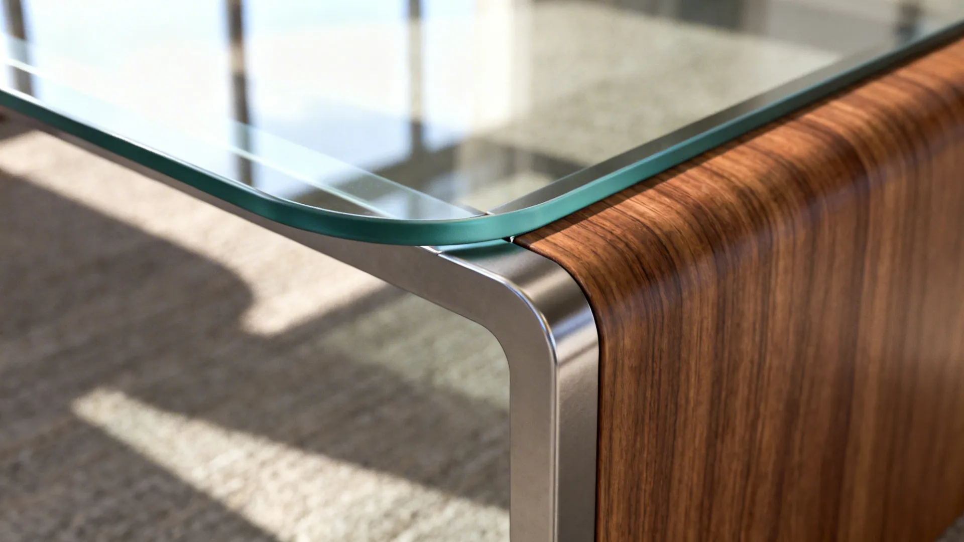 Close-up of coffee table edge showing tempered glass, metal frame join, and wood veneer finish.