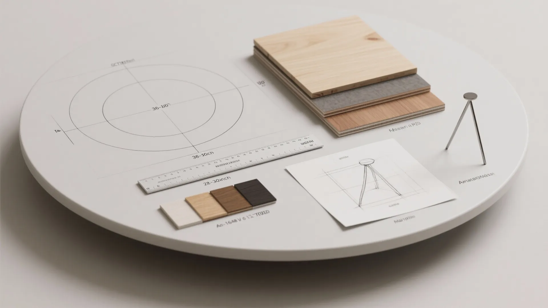 Interior design drawing showing table dimensions with wood material samples and a small paper sketch