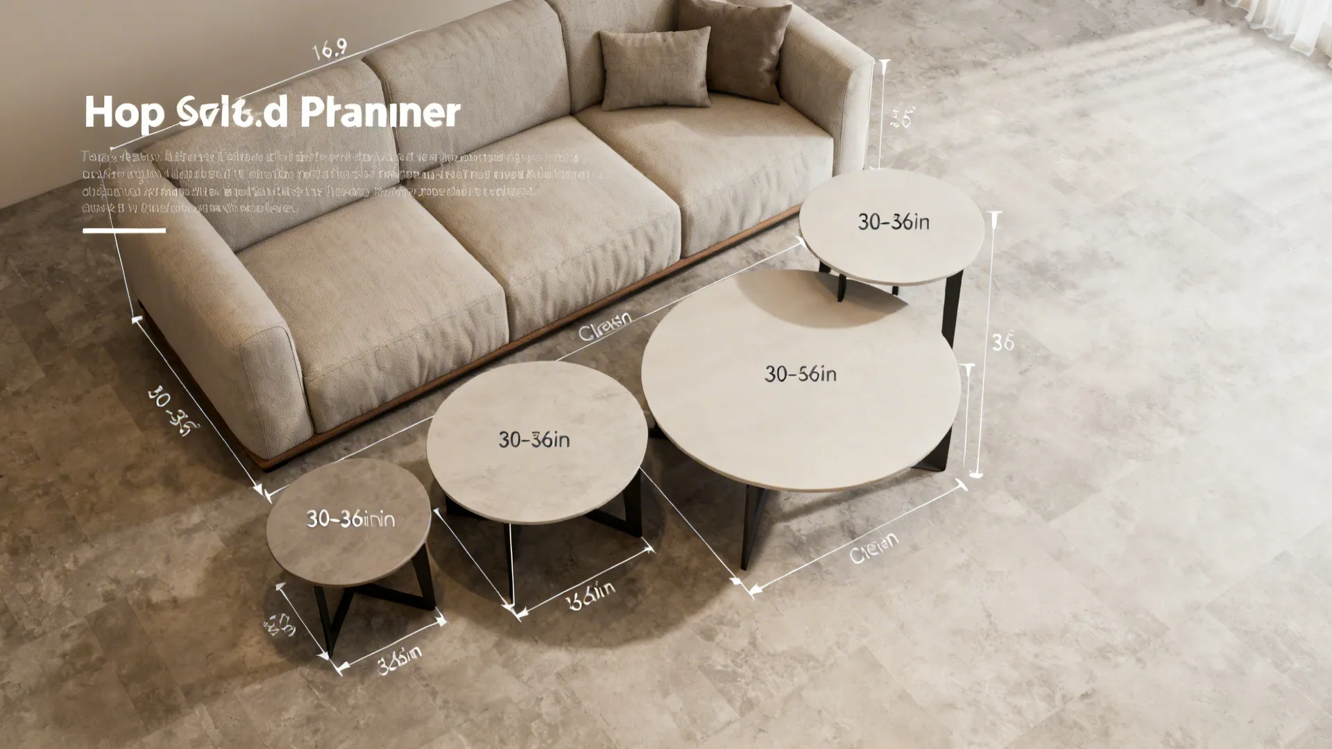 Top-down planner view showing sofa and round side table size options with circulation clearances.
