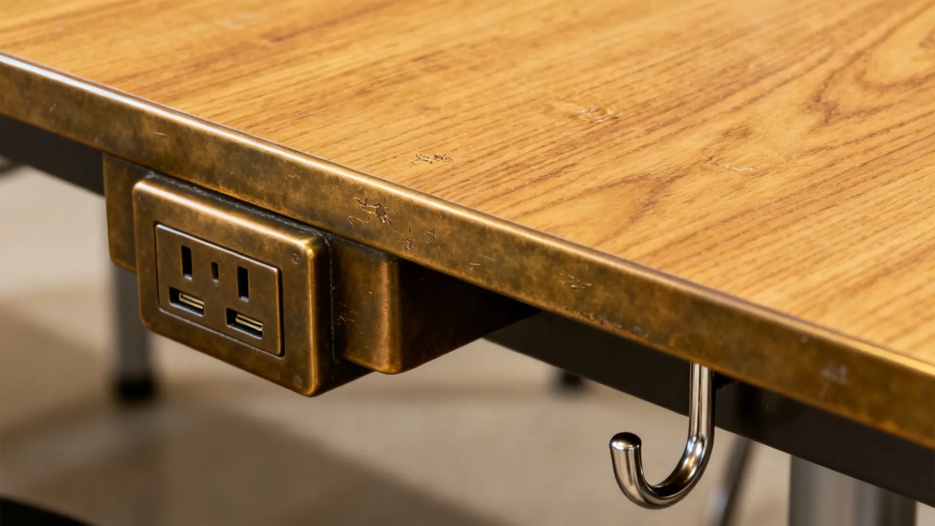 Close-up of laminate table edge band, under-table power outlet, and bag hook.