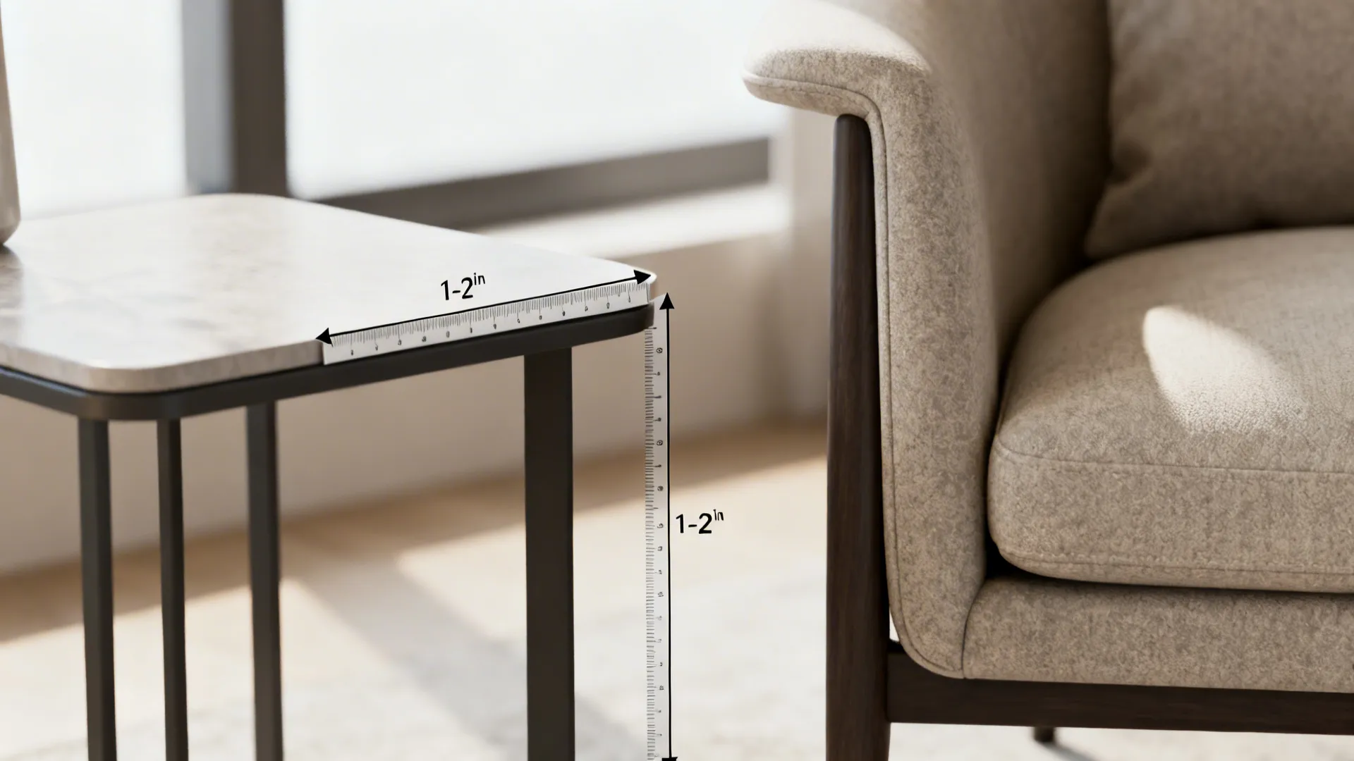 Diagram showing one to two inch gap between side table and a soft beige armchair