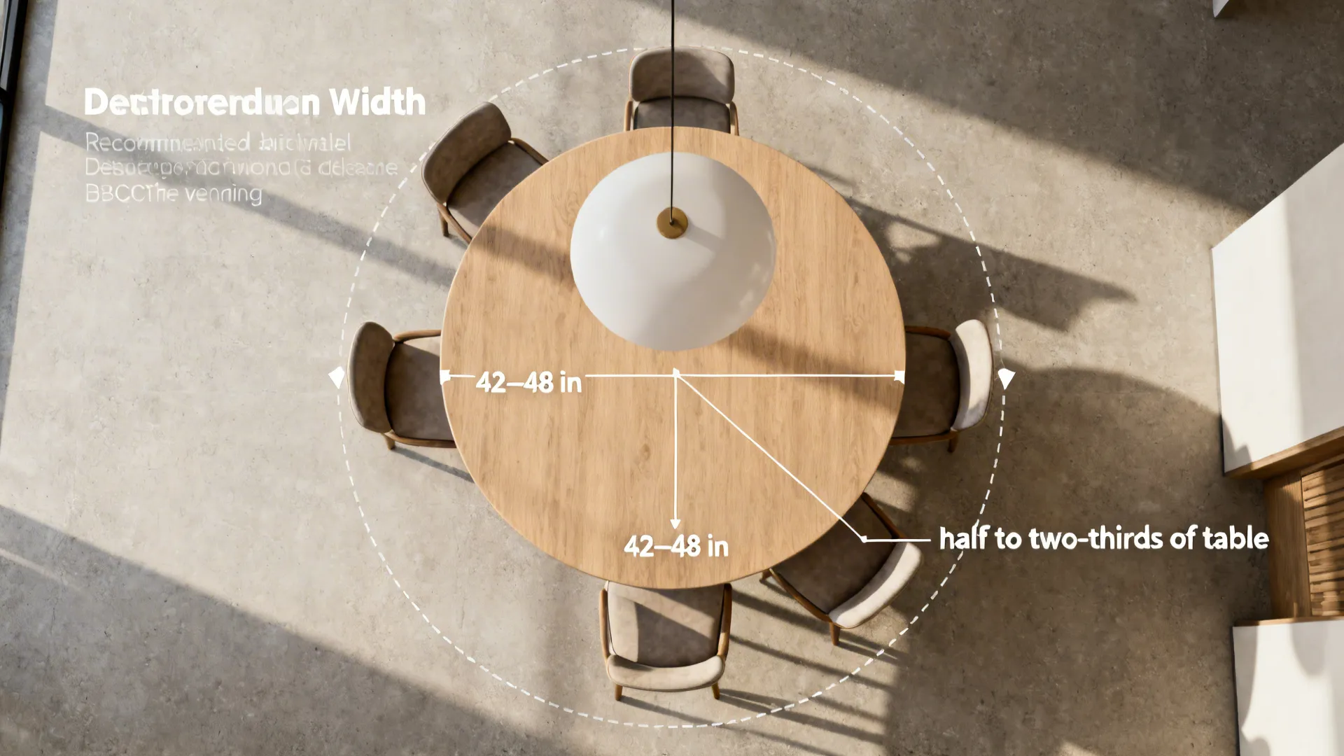 Top-down diagram of a round table showing recommended diameters, pendant sizing, and clearances.