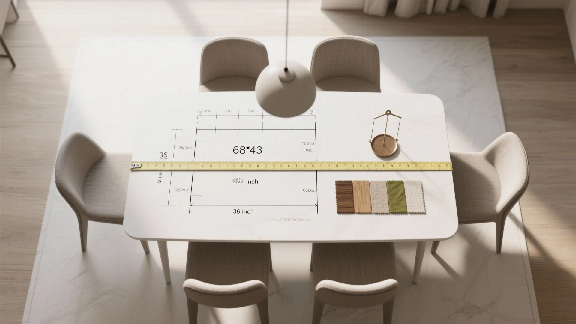 Top view of dining table with measurement tape drawing and fabric samples for interior design
