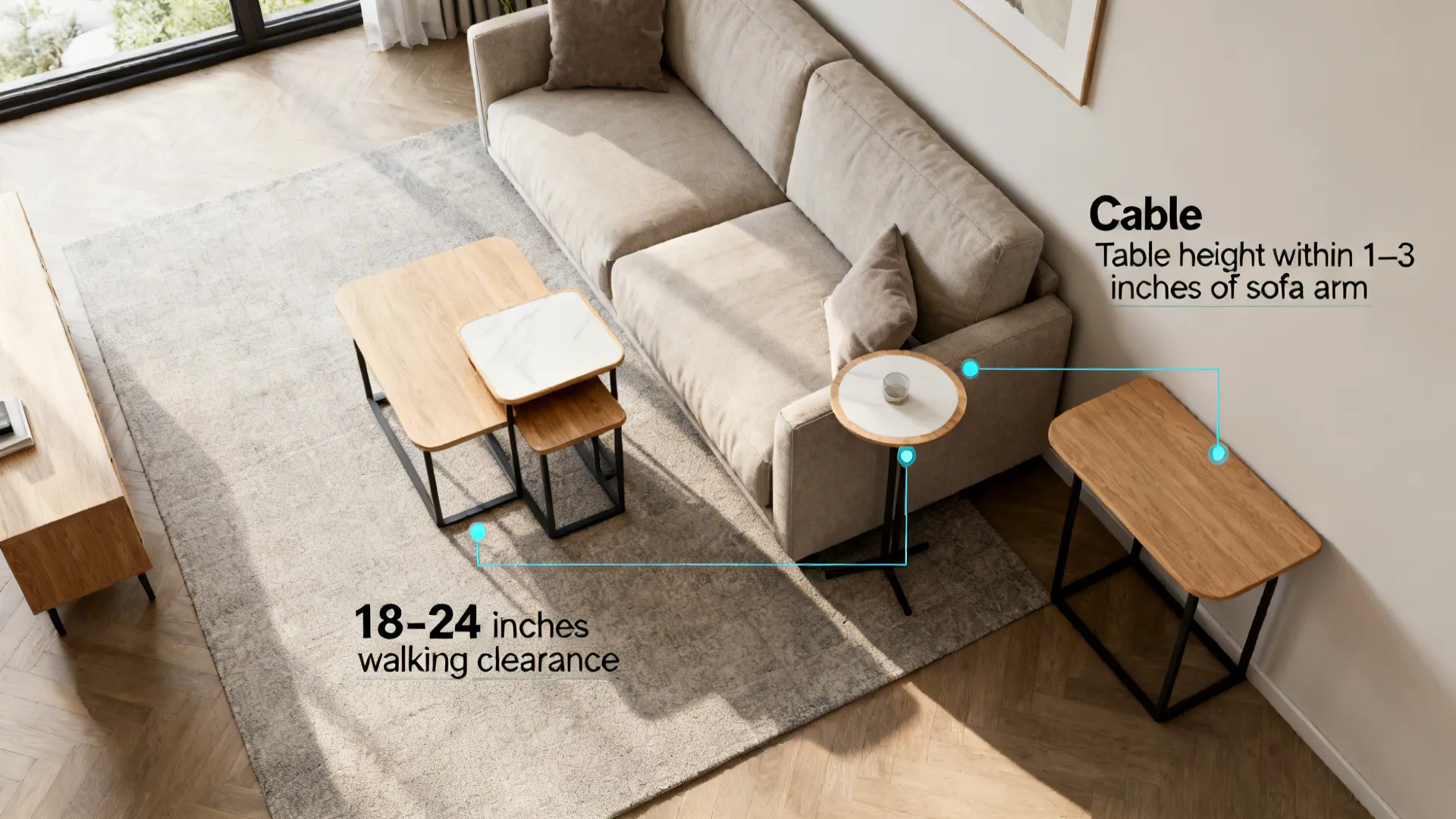 Top-down living room layout showing recommended clearances and ideal side table heights with measurement overlays.