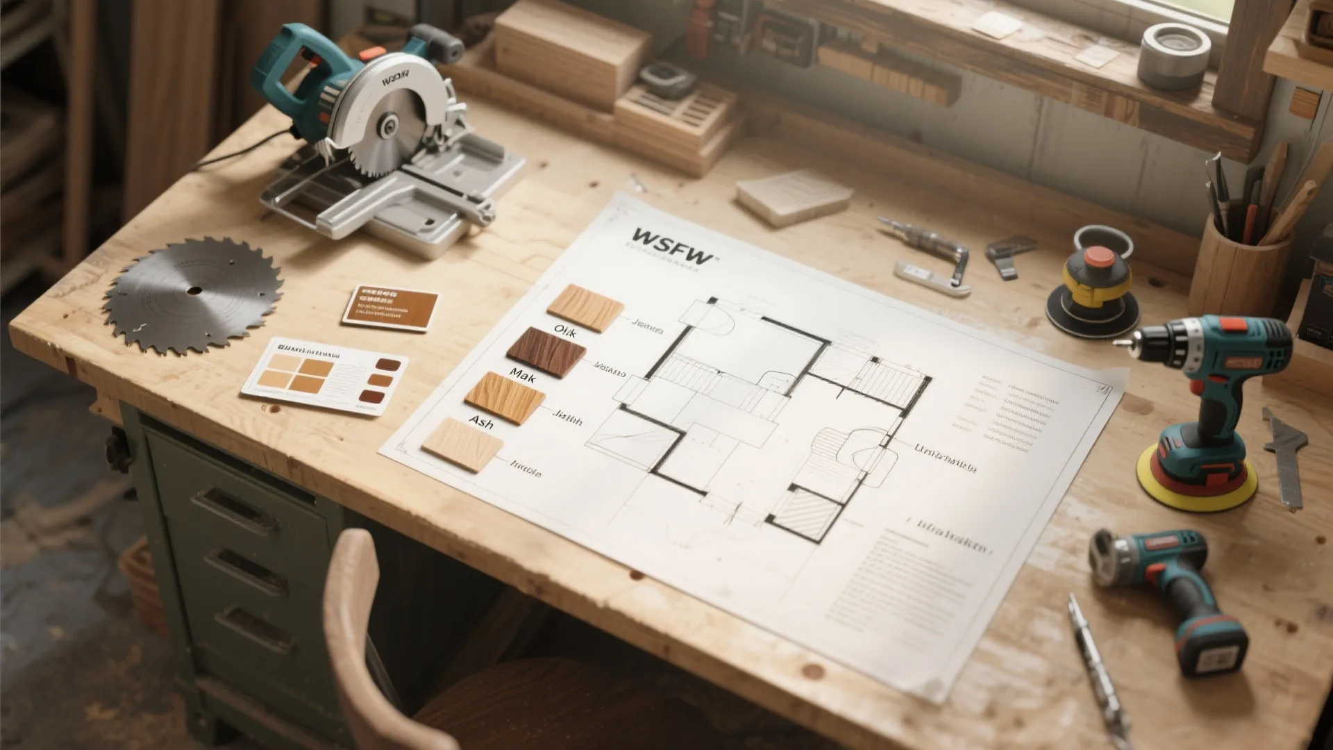 Worktop with interior design drawing wood samples power drill saw and various furniture building tools