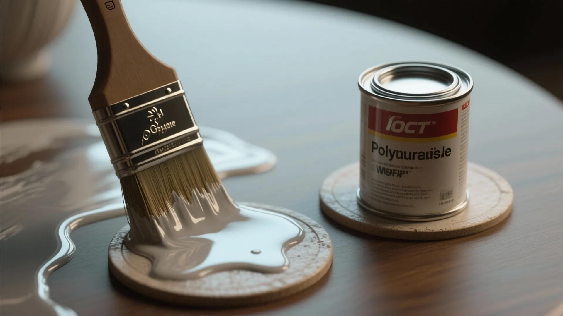 Wooden paint brush applying thick white liquid finish onto dark wood table near metal paint can