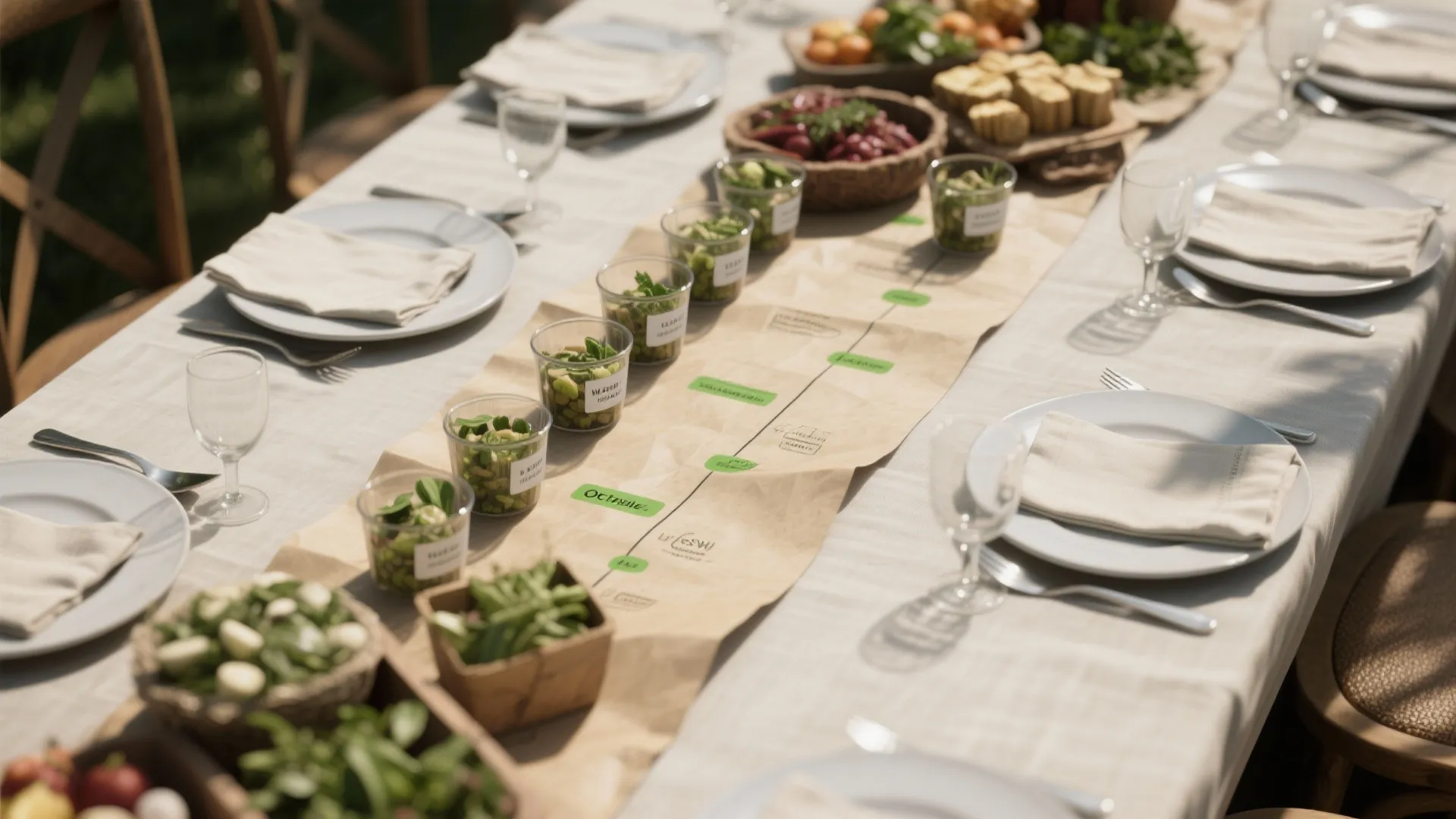 Long outdoor dining table set with white plates napkins and small snacks for a party