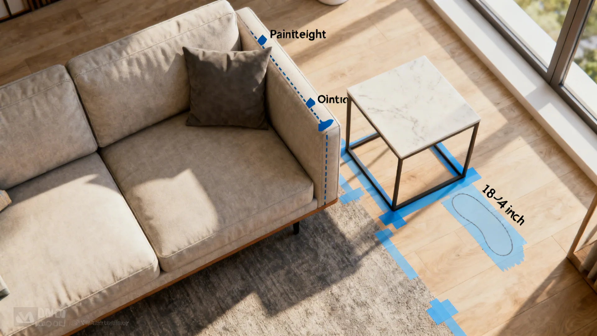 Top-down layout showing sofa arm height, table footprint and 18–24 inch circulation spacing
