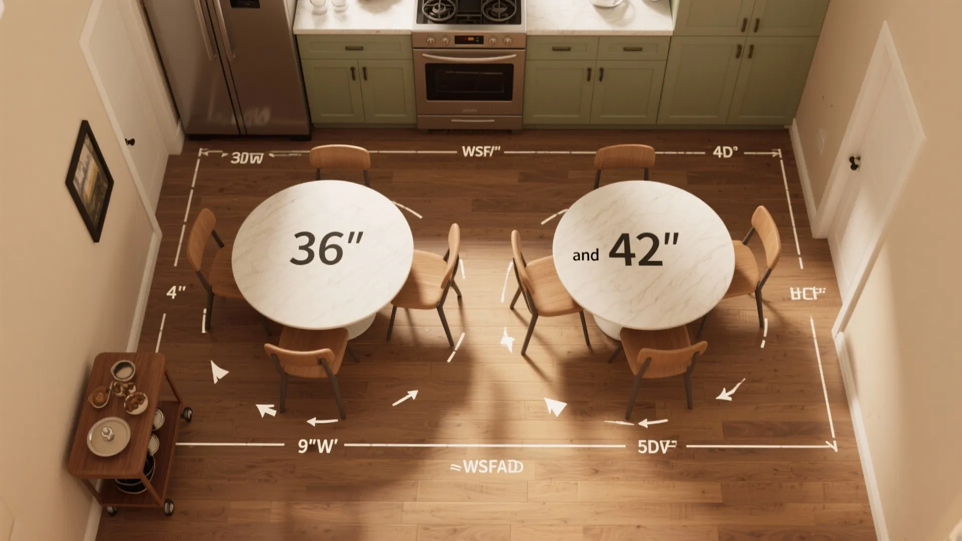 Top view diagram showing floor space requirements for thirty-six inch and forty-two inch round tables