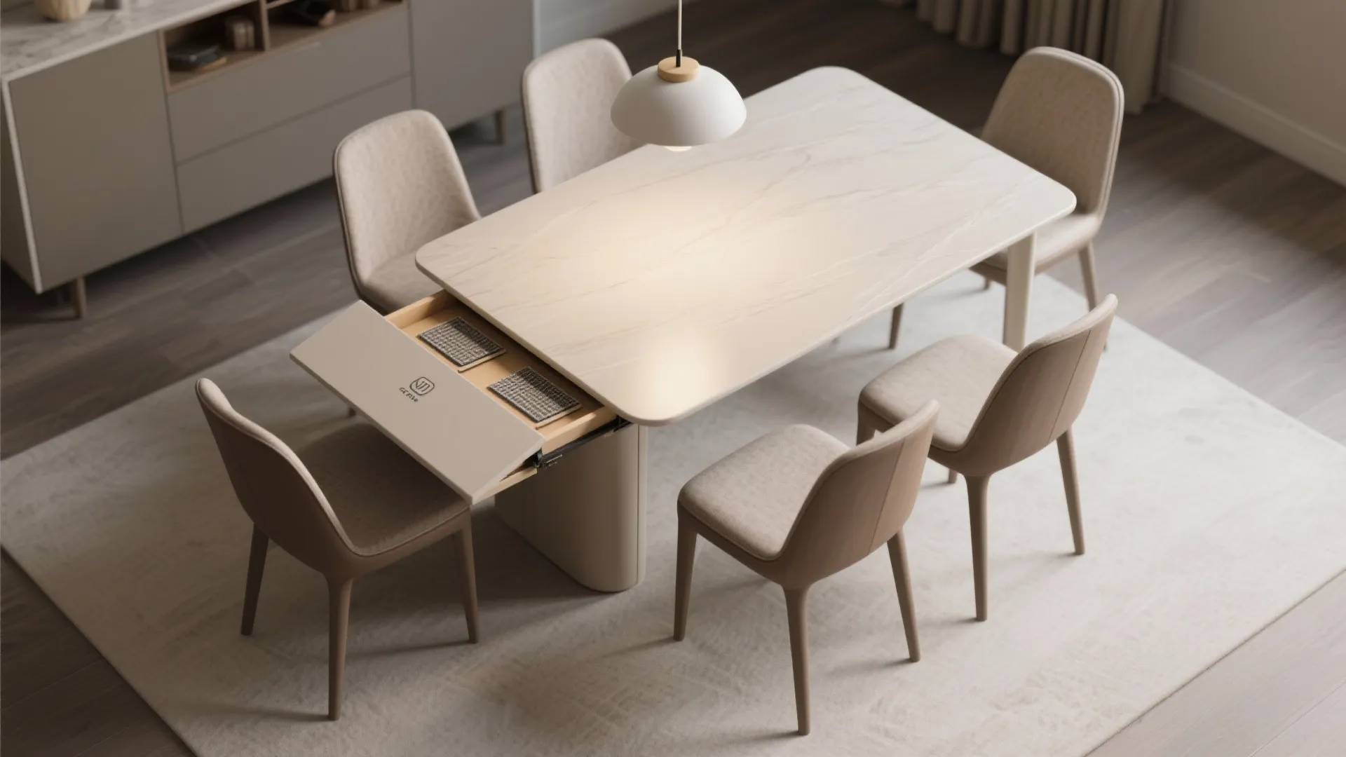 Top-down view of a 40 x 60 table with a small leaf, hidden pedestal storage, and centered pendant light.