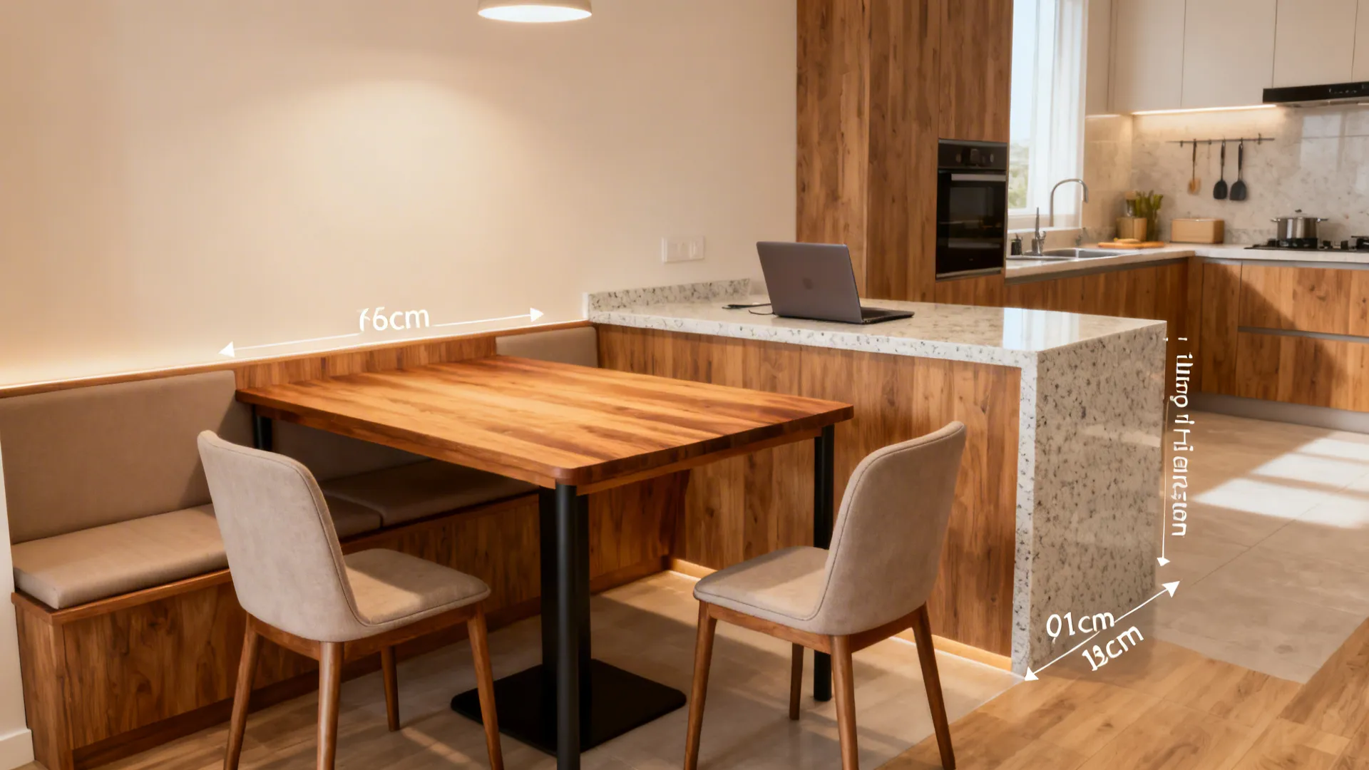 Kitchen with a 76 cm table-height counter for seating and a 91 cm prep zone beside it