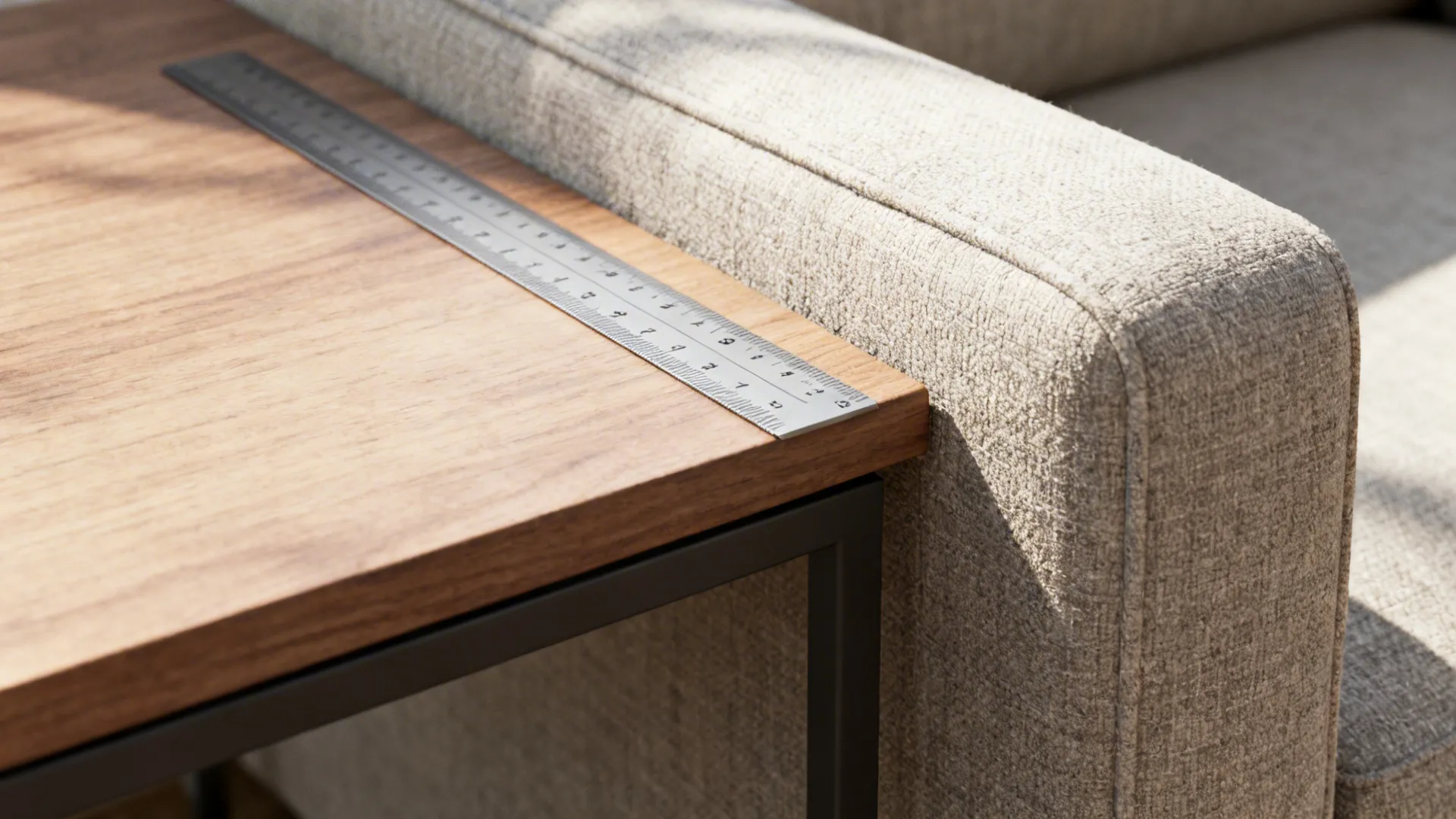 Close-up showing end table height relative to sofa arm demonstrating the 1–2 inch guideline