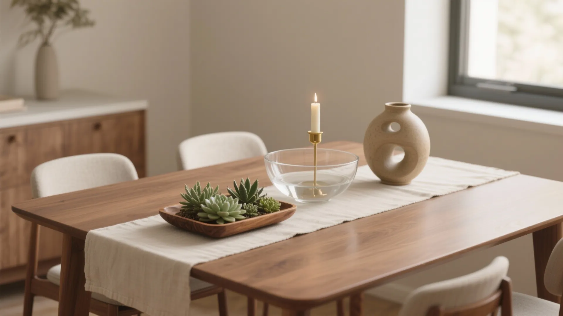 Modern dining table with plants and candle and vase on runner in bright room interior