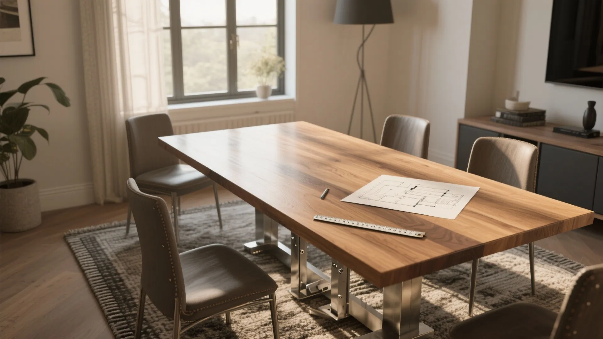 Large wooden dining table with room layout drawing and ruler in a bright modern room