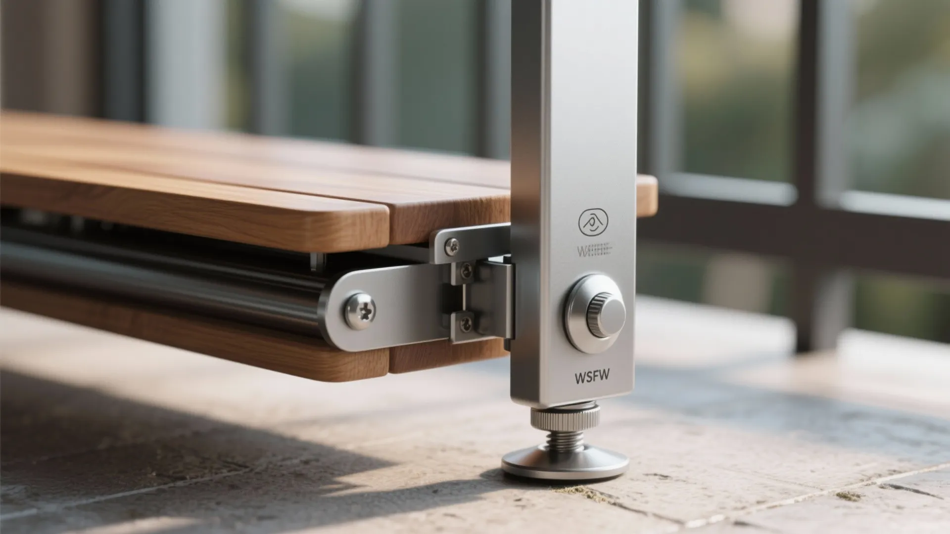 Close up of a metal hinge connecting a wooden table top to a sturdy silver leg
