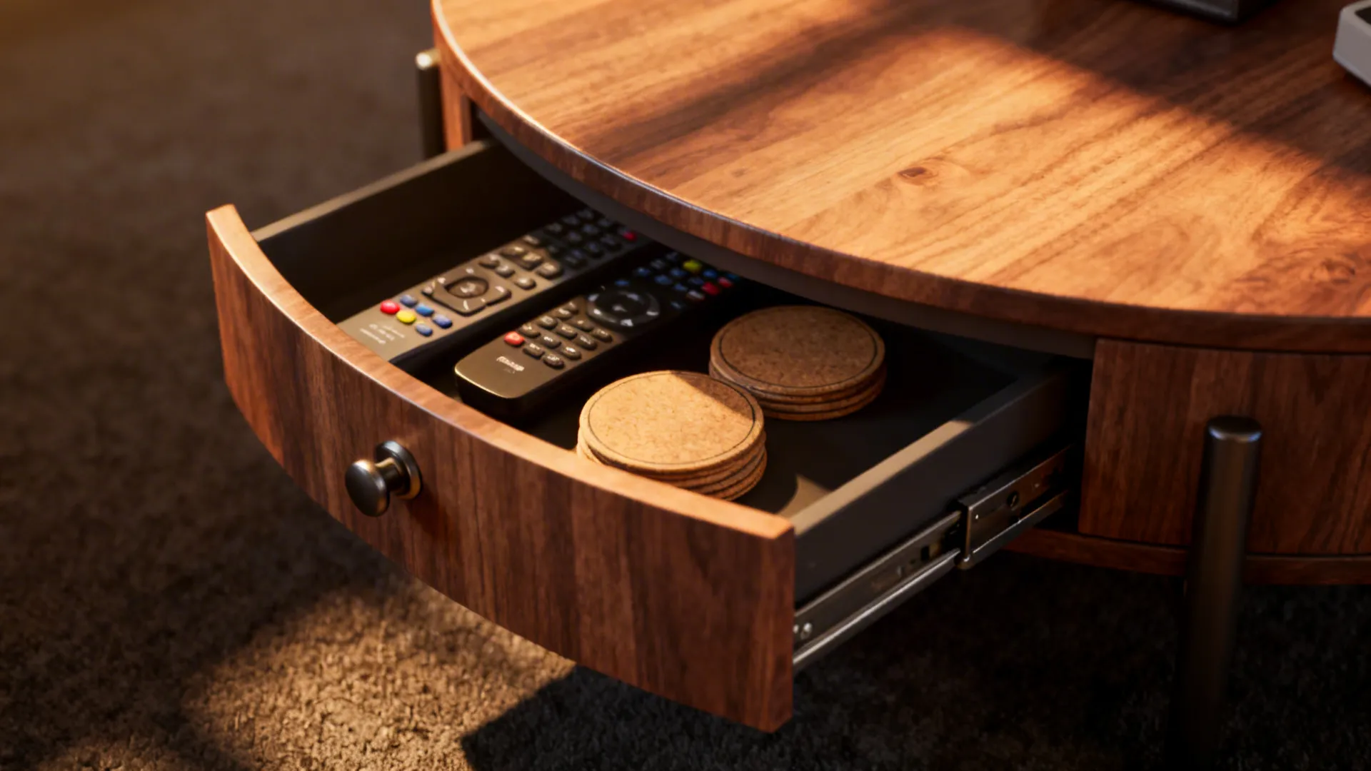 Close-up of a round coffee table with a hidden drawer storing remotes and coasters.