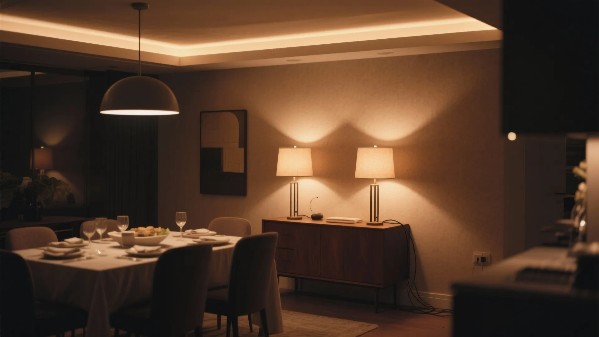 Low ceiling dining room with sideboard table lamps