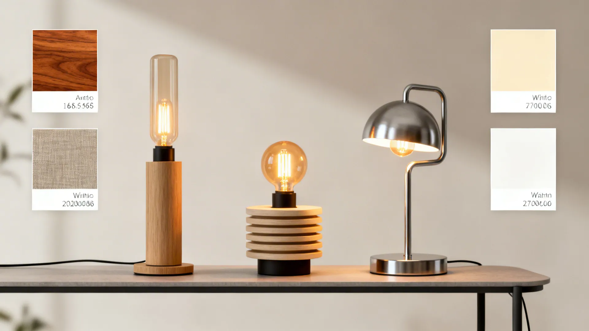 Flatlay of compact table lamp designs and warm 2700K color swatch