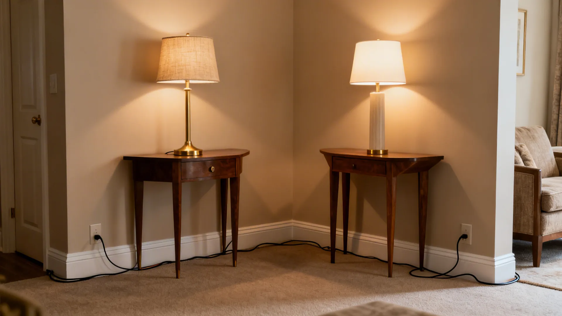 Two table lamps on opposite sides create ambient and task lighting in a small living room.