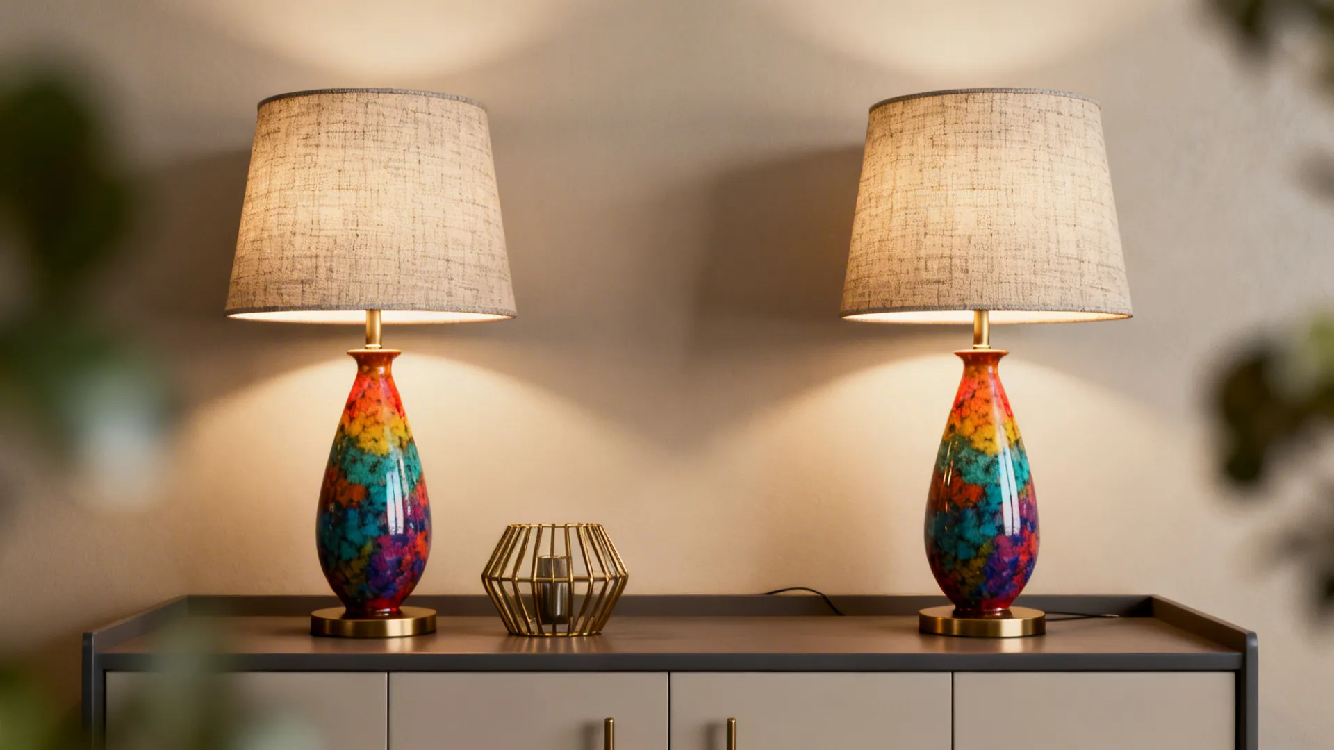 Pair of matching table lamps on a console with textured shades and a colorful base.
