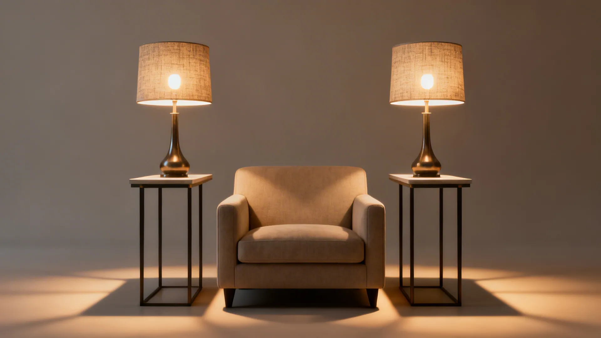 Comfortable beige armchair between two small side tables with matching table lamps in soft light