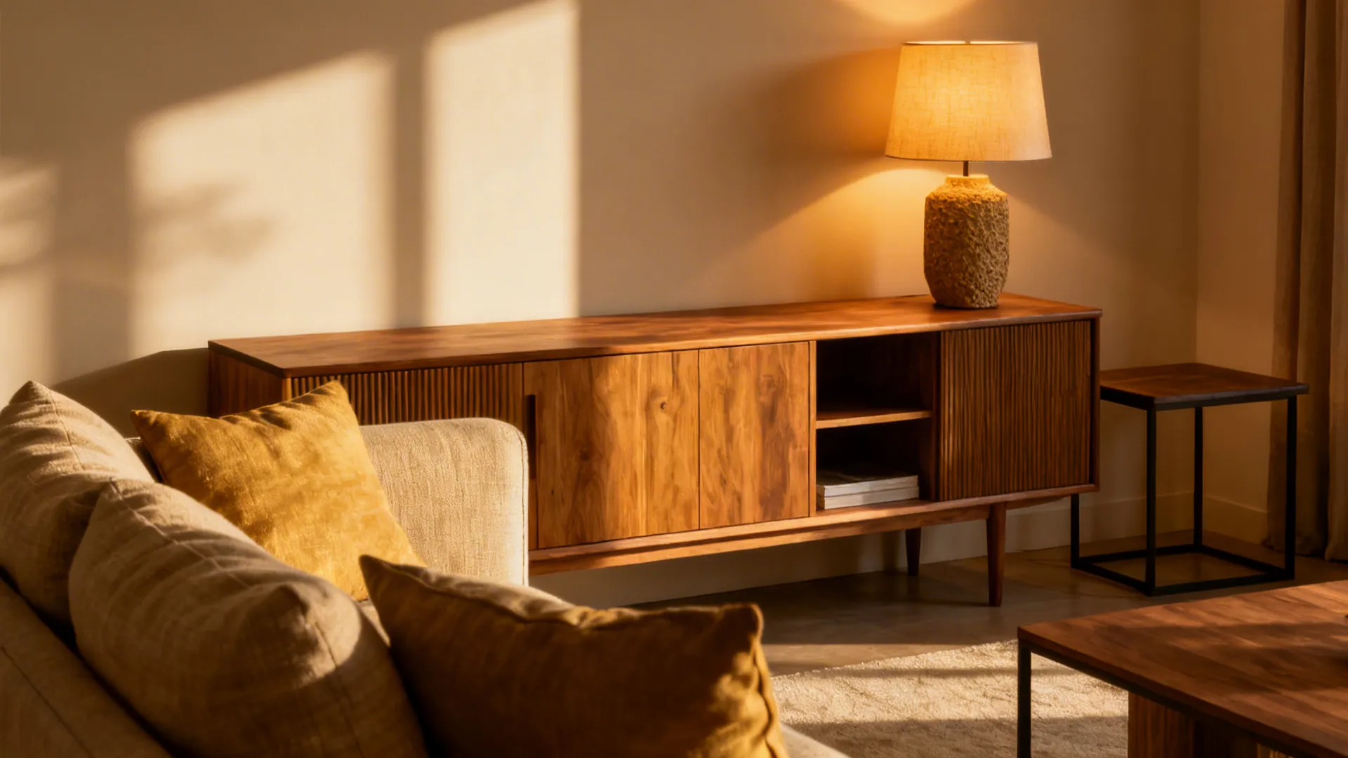 Console and side tables with matching table lamps creating cozy seating pockets