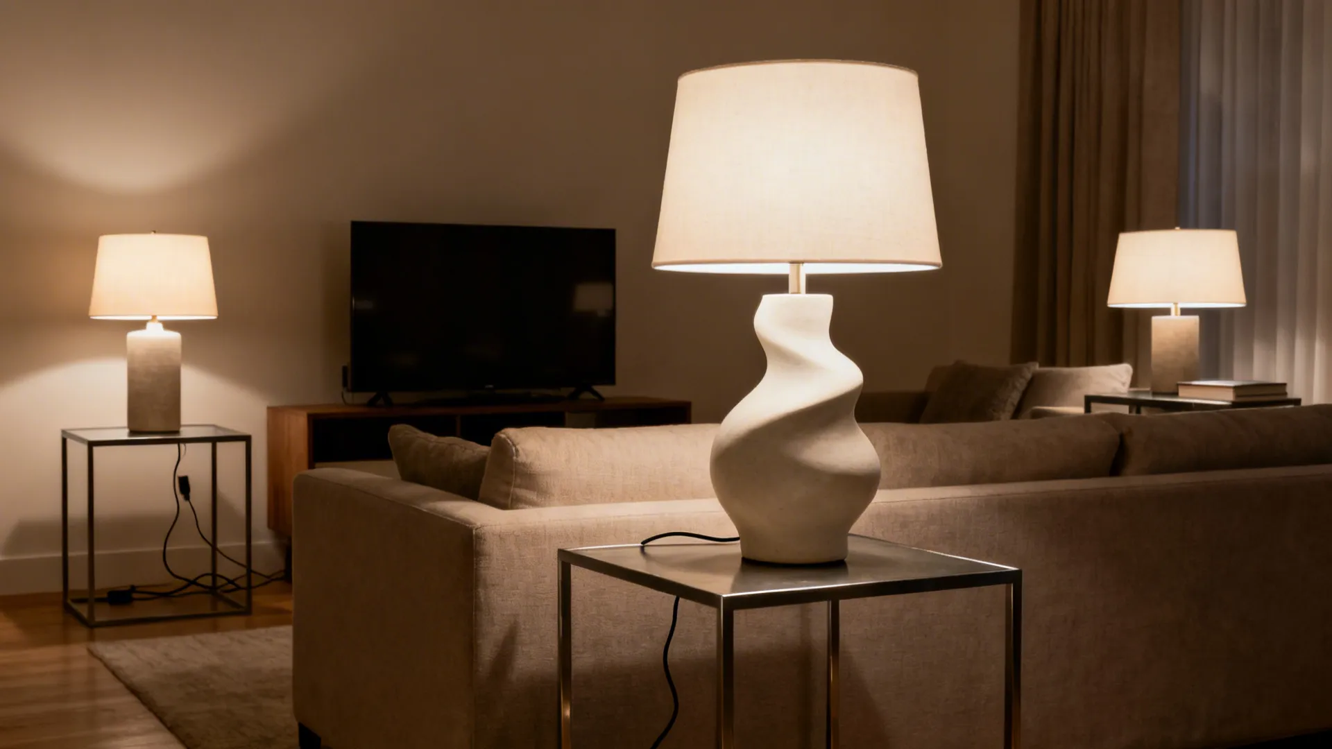 Three coordinated table lamps create task and ambient zones across seating, media, and reading areas.