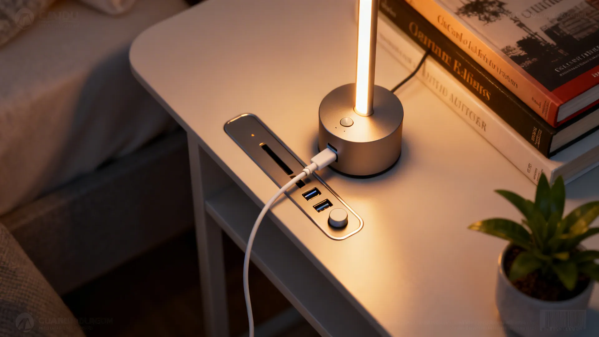 Table lamp with built-in USB and dimmer on a narrow console charging a phone