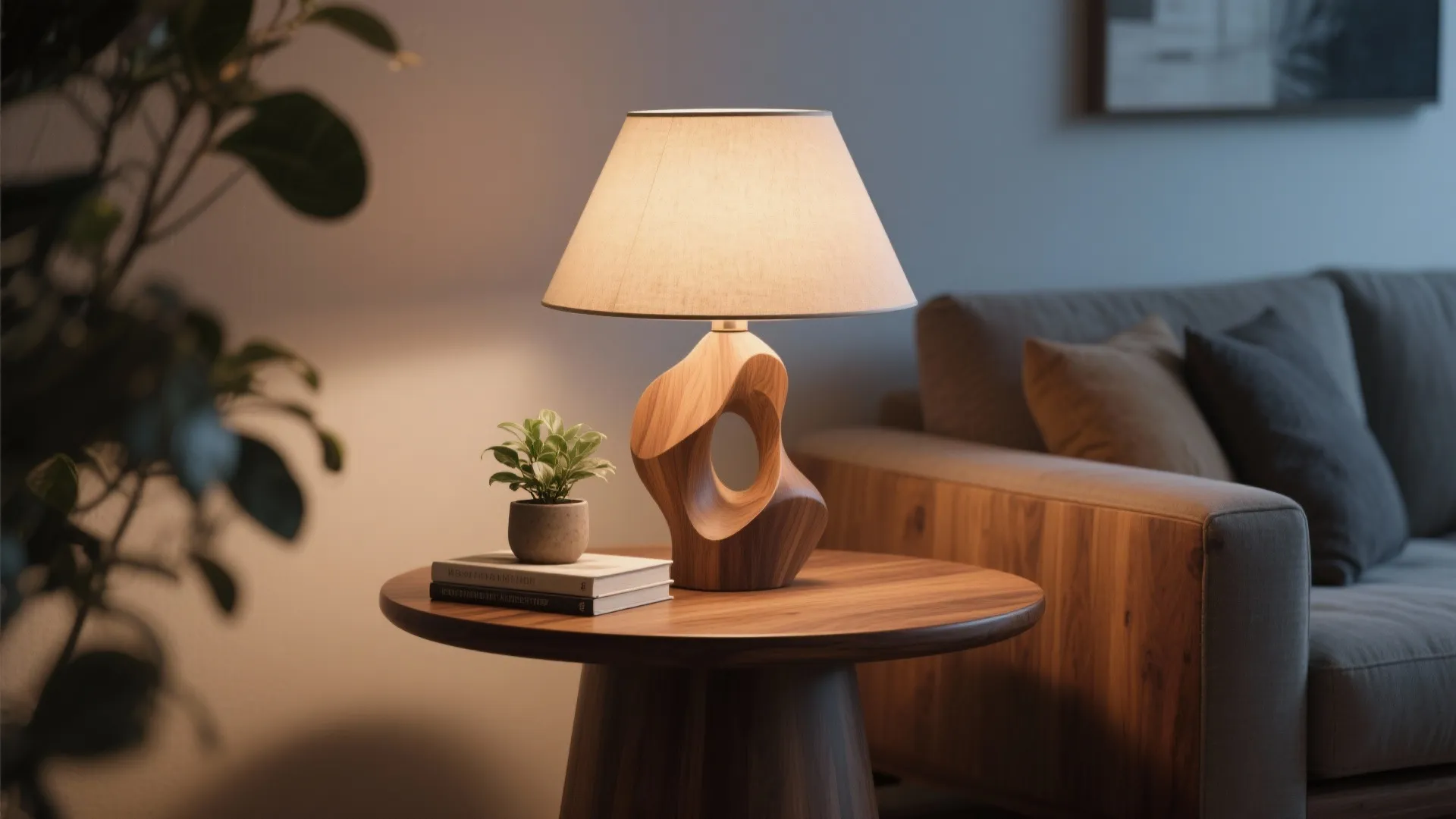 Table lamp with wooden base and green plant on a round table beside a sofa