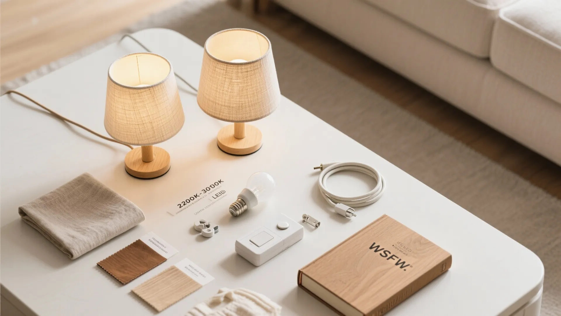 Flat lay of lamp shades, warm-dim LED bulbs, dimmer, cord clips, and neutral fabric swatches.
