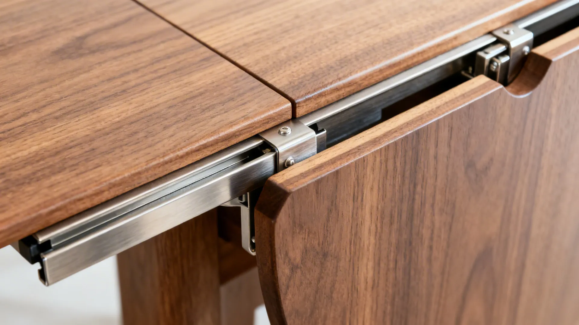 Macro of hardwood rails and concealed metal slides on an extendable dining table.