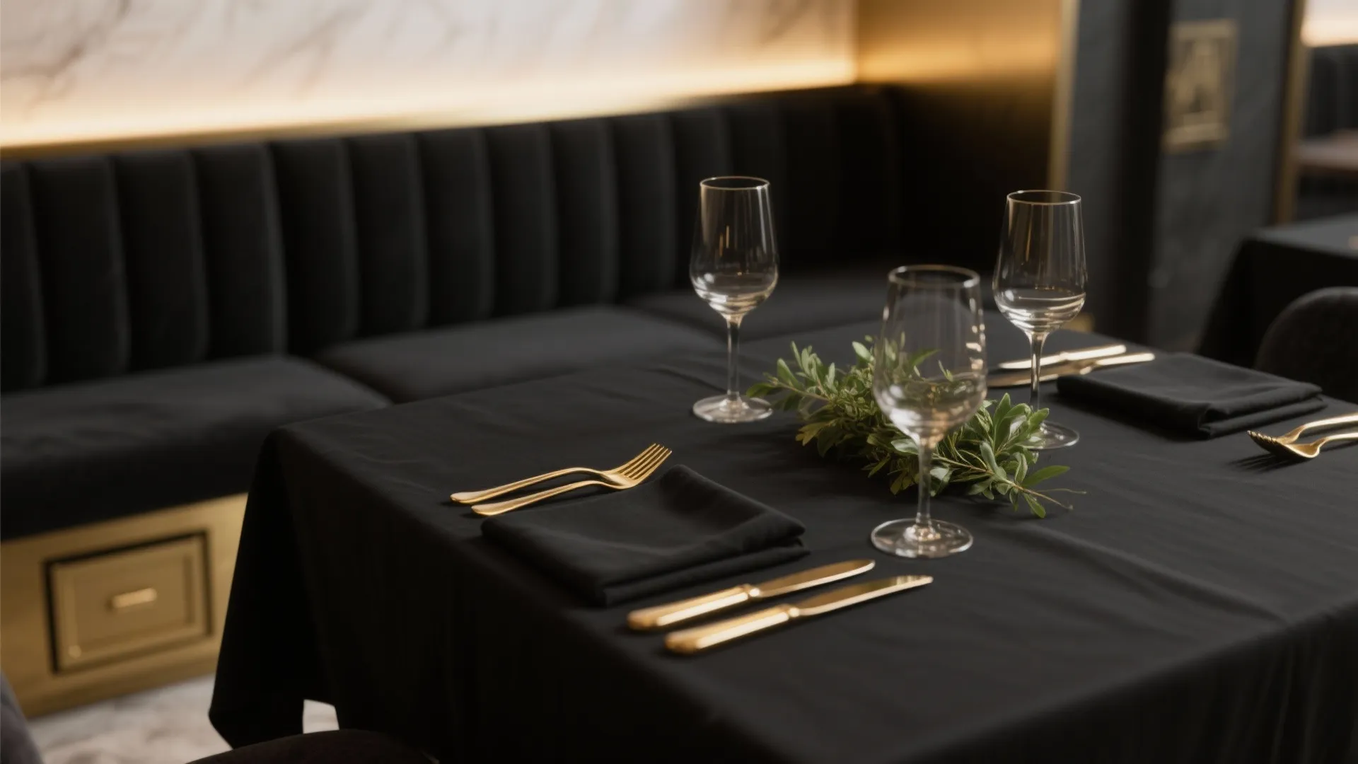 Elegant restaurant table setting with black tablecloth gold cutlery wine glasses and soft warm lighting