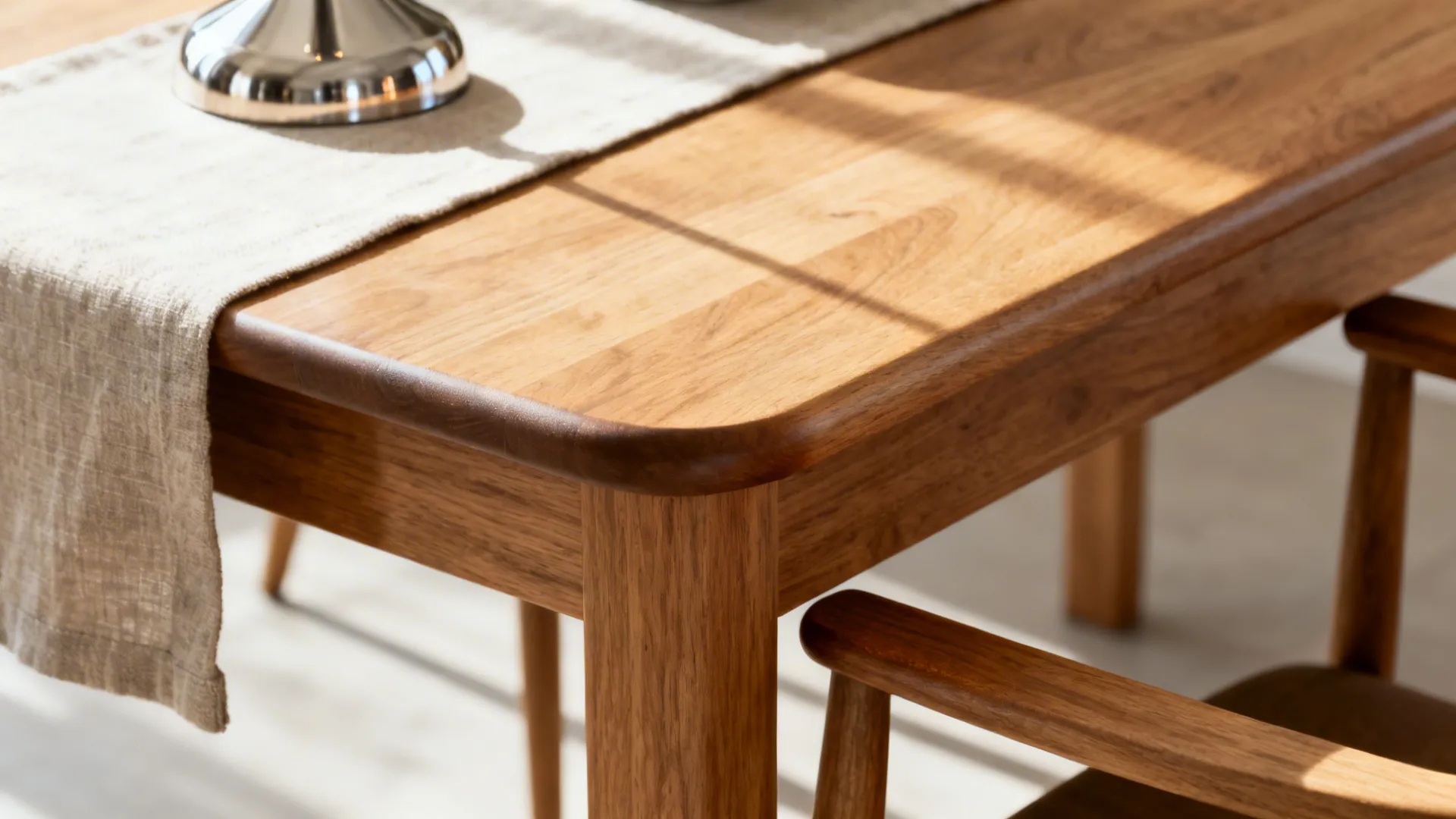 Macro of oak tabletop with linen runner and armless chair showing legroom under a 29-inch table.