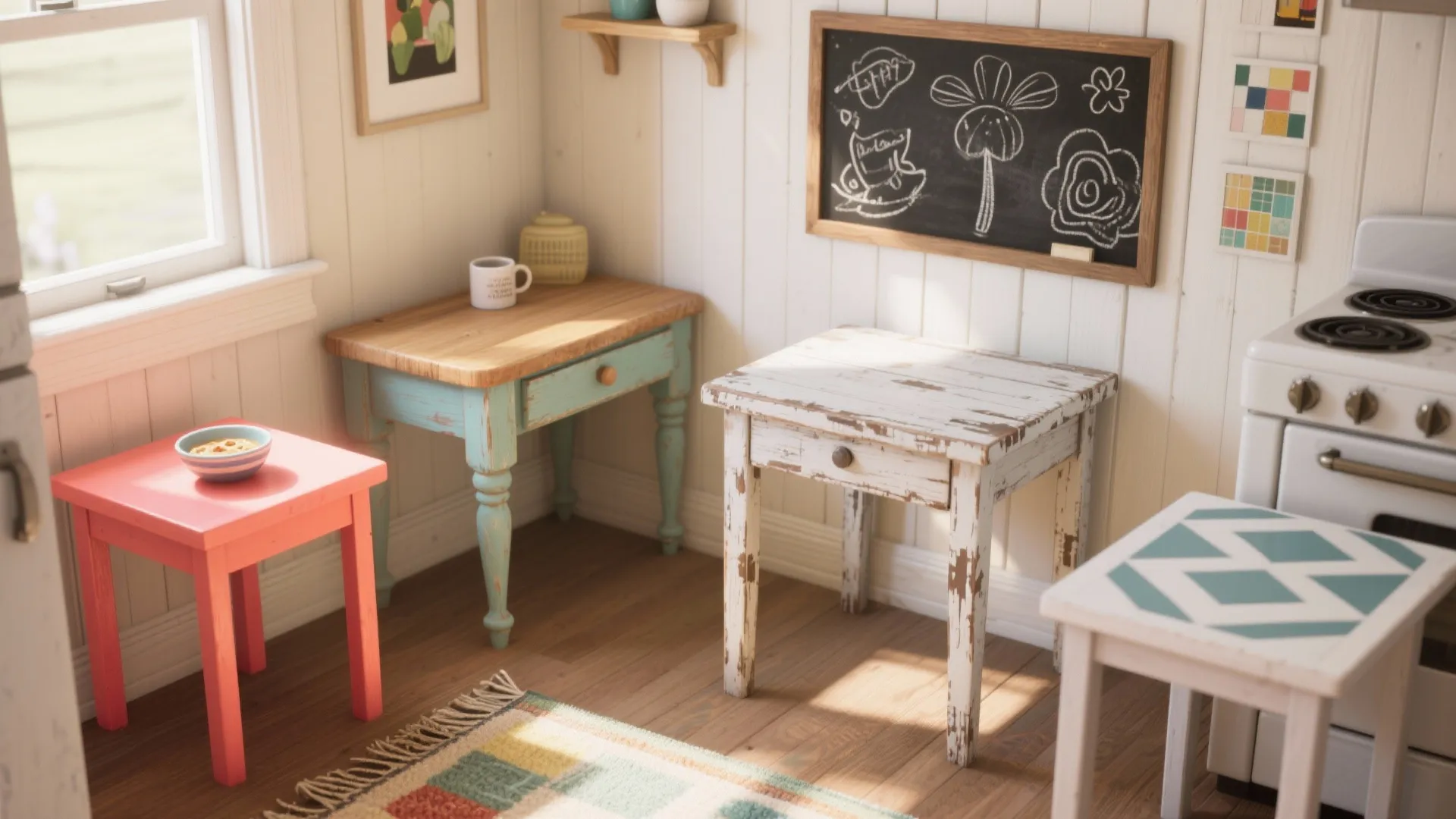 Kitchen corner with small painted wooden tables in pink and blue and a large wall chalkboard