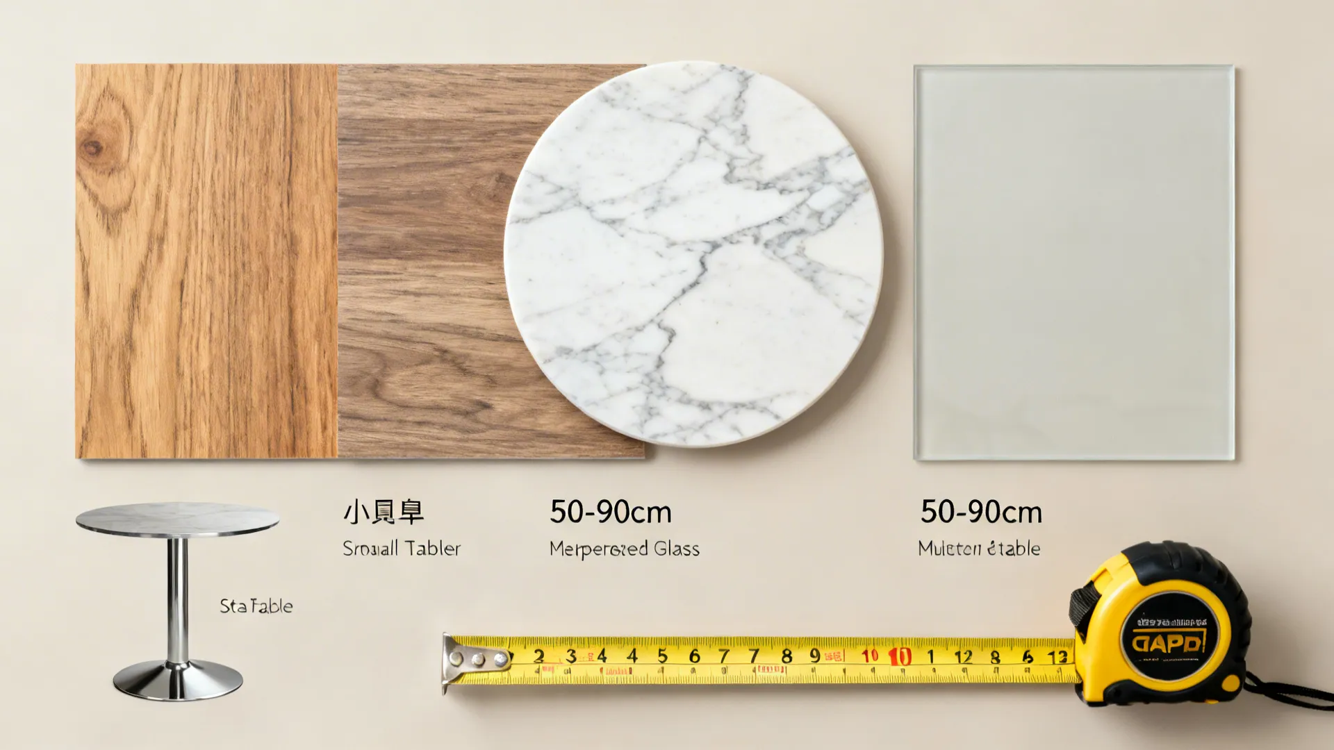 Flatlay of material swatches and measuring tape showing recommended diameters for small round tables.