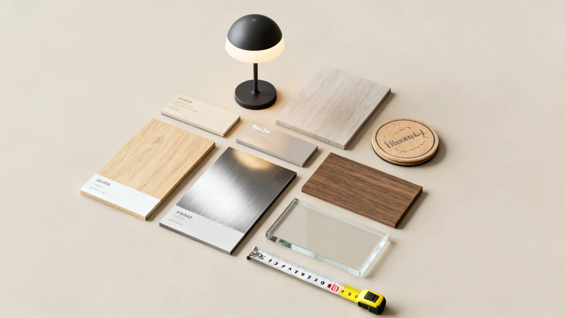 Flatlay of material swatches and samples for choosing side table finishes including wood, metal, laminate and acrylic.