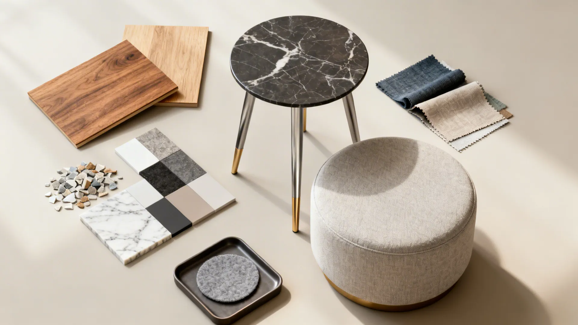 Flatlay of material swatches and accessories for round side tables including wood, metal, stone, and fabric