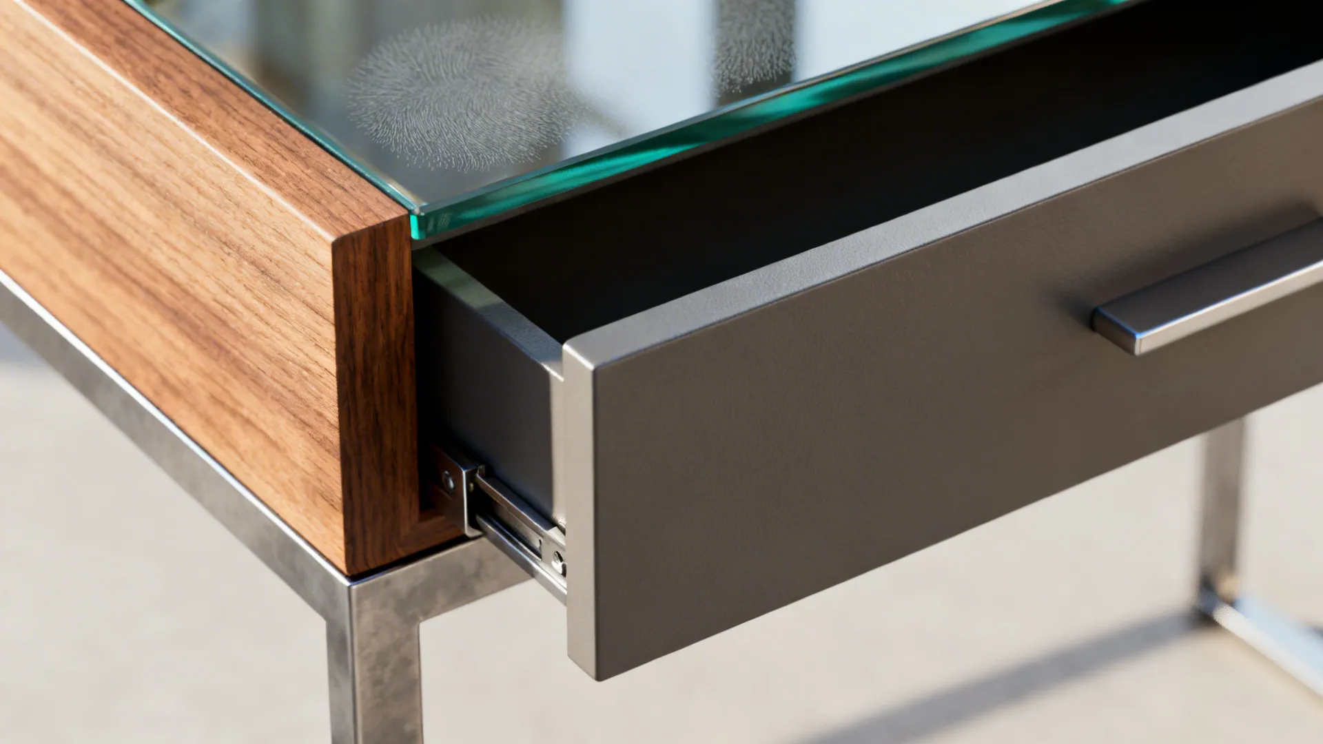 Close up of a modern wood table with glass top and an open grey storage drawer