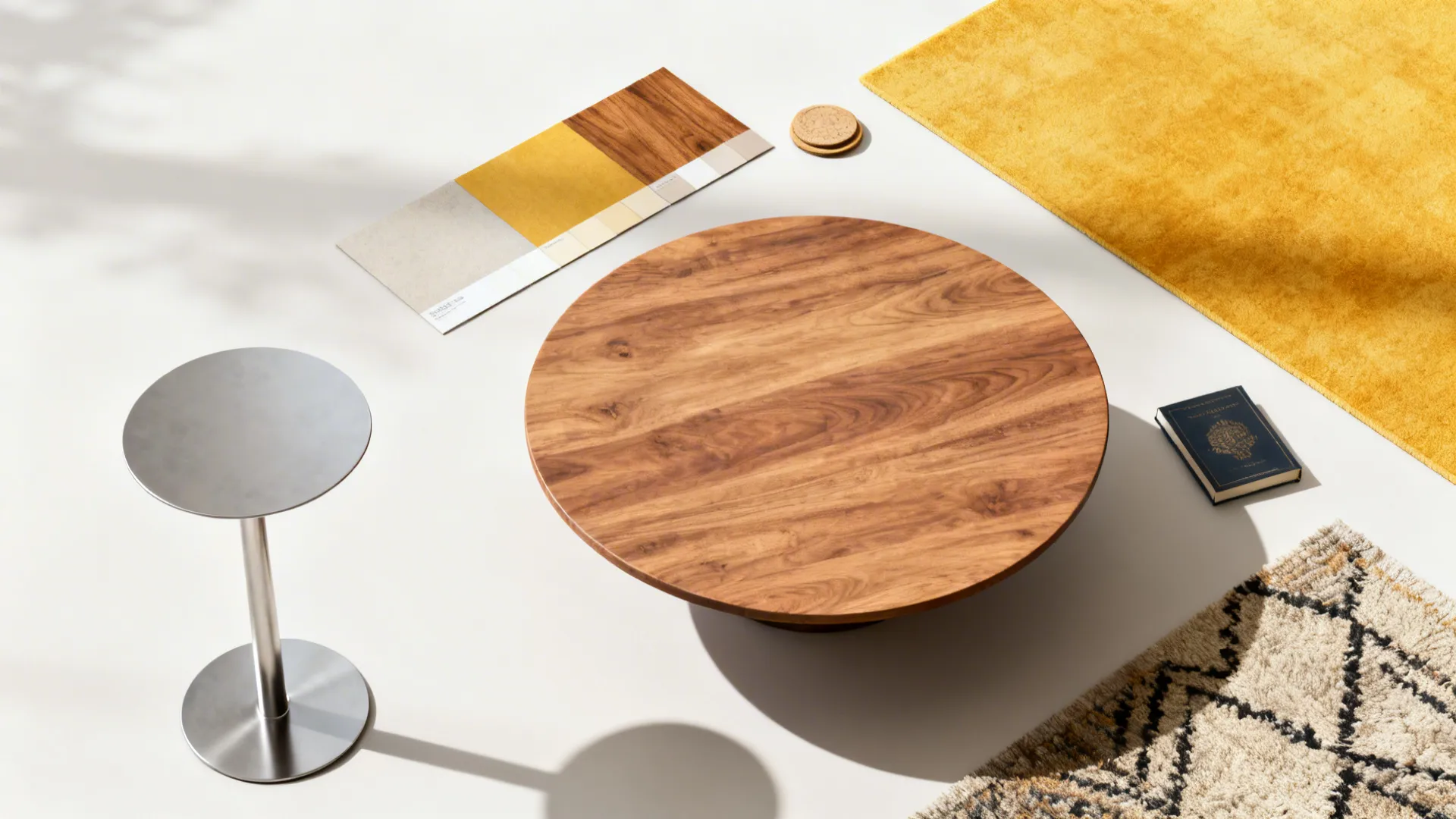 Flatlay of coffee table and side table materials with color swatches and rug texture.