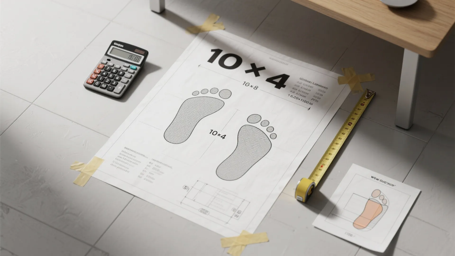 Floor measurements plan on white paper with a calculator and yellow measuring tape on floor